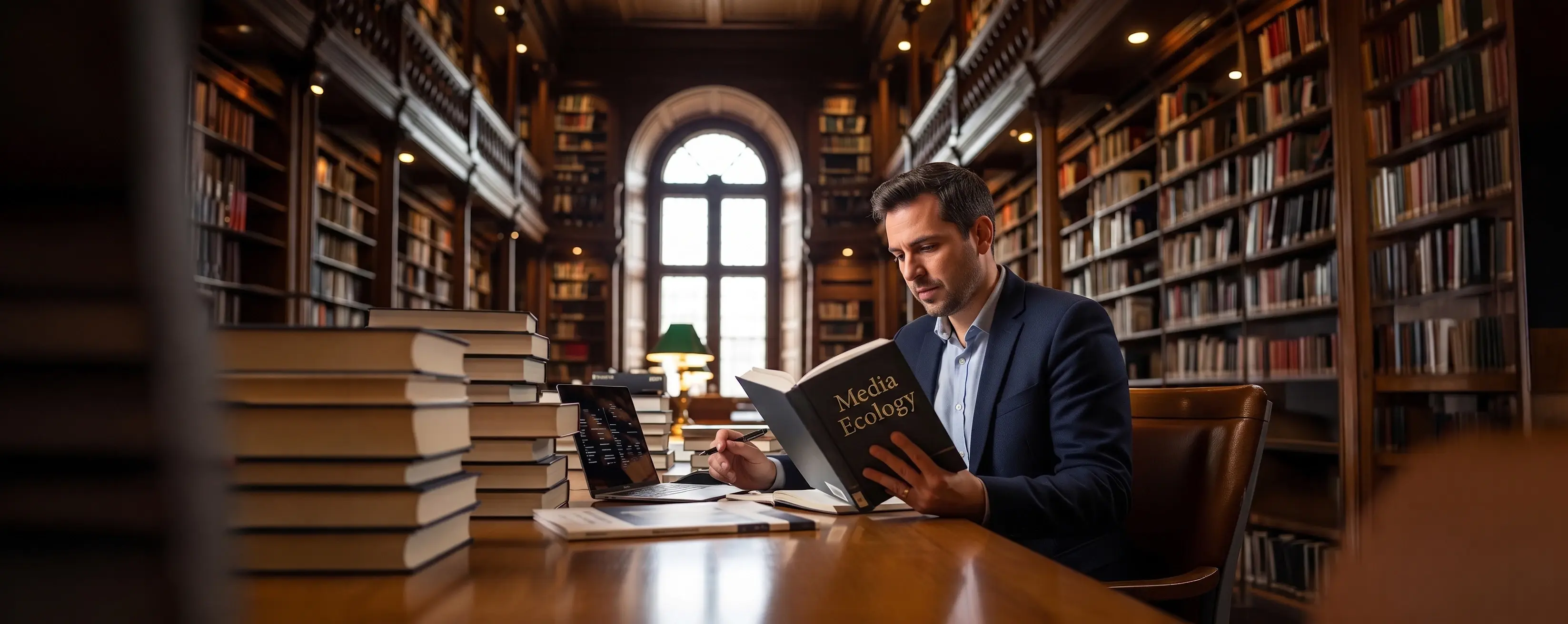 Hombre con un libro de Media Ecology